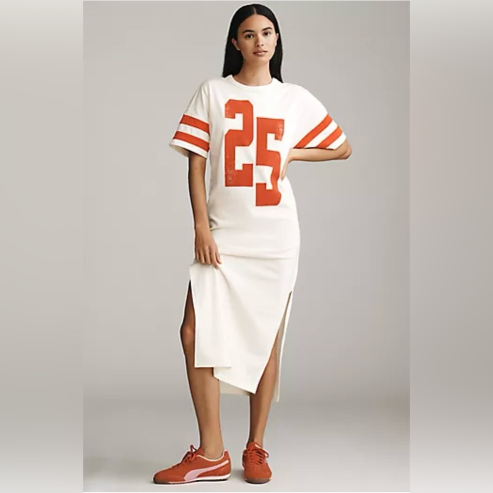 Anthropologie Cream Midi Dress with Orange Athletic Graphic